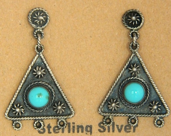 Native Vintage Blue Turquoise Sterling Silver Handmade Mexican Taxco TR10 Earrings 1 1/2"