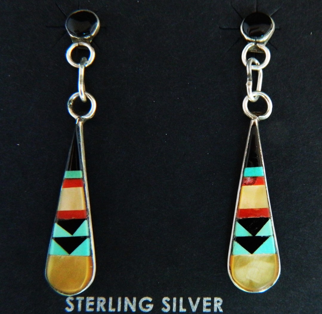 Pendentif Zuni Argent Sterling Incrustation Jet & Opale - Fait Main Par Erica Esalio, Neuf