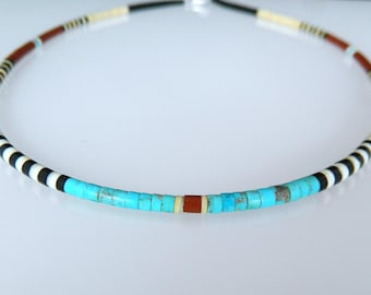 Native American Santo Domingo Turquoise Jet Pipestone Shell Heishi Handmade Necklace Dorene Calabaza 19 3/4"