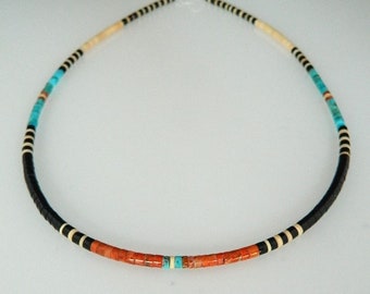 Native American Santo Domingo Jet Turquoise Coral Heishi Sterling Silver Handmade Necklace Mary Calabaza 18 1/2 Unisex