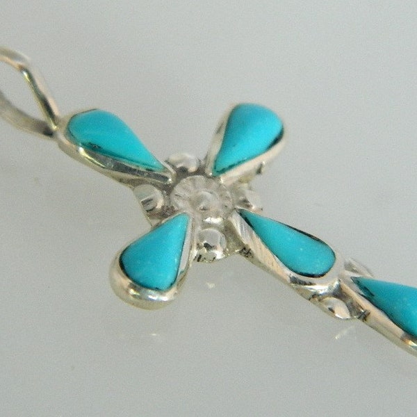 Native American Zuni Blue Turquoise Sterling Silver Handmade Cross Pendant 1 1/4"