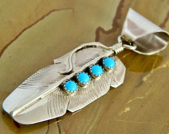 Navajo Native American Kingman Turquoise Sterling Silver Handmade Feather Large Pendant Signed Chester Charley 2 1/4"
