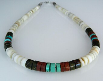 Native American Santo Domingo Graduated Turquoise Pipestone Green Serpentine Shell Heishi Sterling Silver Vintage Handmade Necklace 19 1/2"