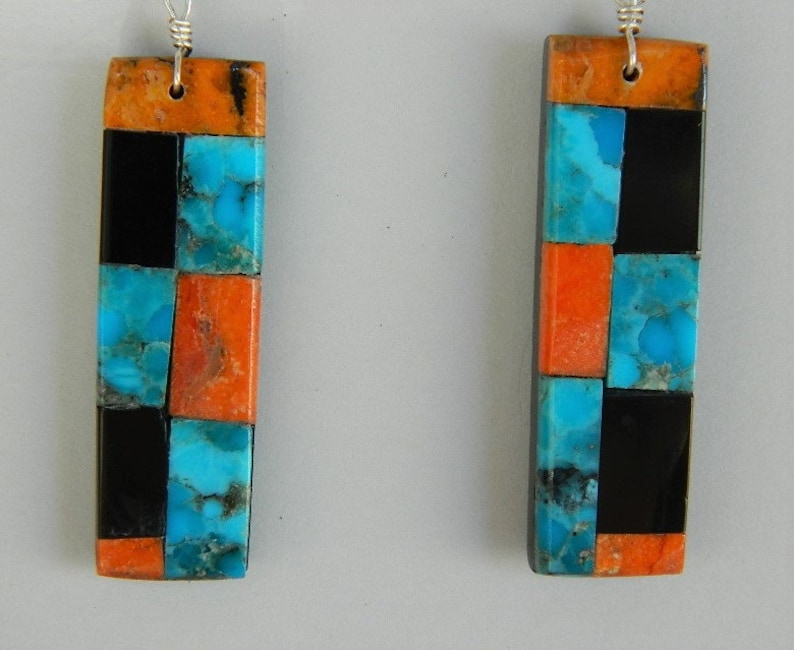 Lupita Calabaza 2 14 Native American Santo Domingo Blue Turquoise Apple Coral Mosaic Sterling Silver Earrings