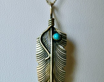 Navajo Native American Turquoise Antiqued Sterling Silver Handmade Feather Pendant Necklace Signed Chris Charley
