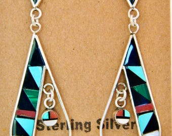 Native American Zuni Turquoise Red Coral Jet MOP Inlay Sterling Silver Handmade Teardrop Post Earrings Signed L Edaakie 2 5/8"