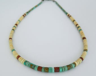 Native American Santo Domingo Graduated Turquoise Pipestone Heishi Melon Shell Sterling Silver Necklace 20 1/2" Unisex