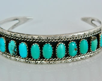 Native American Navajo Turquoise Hand Stamped Sterling Silver Vintage Row Bracelet  6 5/8"