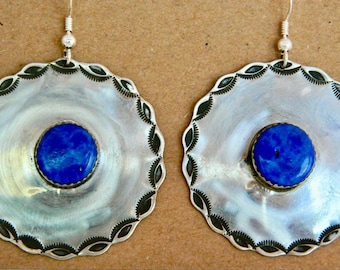 Native American Navajo Lapis nd Stamped Sterling Silver Handmade Earrings Signed Marcella James  2 1/4"