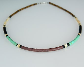 Collar de plata de ley con turquesa, azabache y concha de pipestone de Santo Domingo, nativo americano, hecho a mano por Deanna Tenorio, 44 cm
