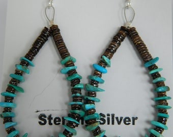 Native American Santo Domingo Blue Turquoise Olive Shell Sterling Silver Handmade Earrings- Jeanette Calabaza 2 3/4"