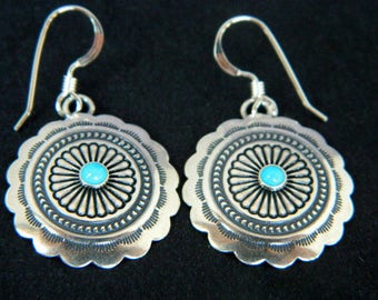 Native Southwestern Turquoise Sterling Silver Concho Earrings 1 1/2" SALE