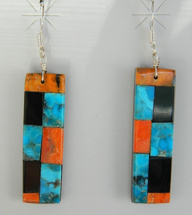 Lupita Calabaza 2 14 Native American Santo Domingo Blue Turquoise Apple Coral Mosaic Sterling Silver Earrings