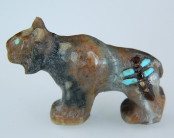 Figura de Picasso, nativo americano, de mármol azul turquesa, hecha a mano, con diseño de lince, libélula y fetiche, firmada por Clissa Martin, 3,5 cm