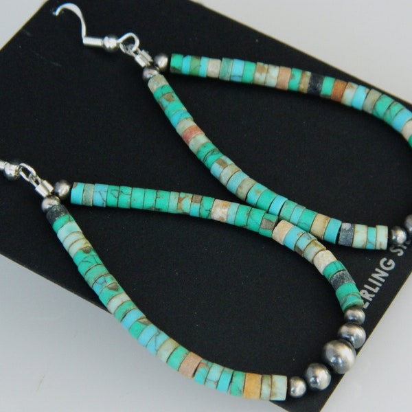 Native American Cherokee Turquoise Heishi Sterling Silver Navajo Pearl Handmade Earrings Sherry Duncan 3 1/8"