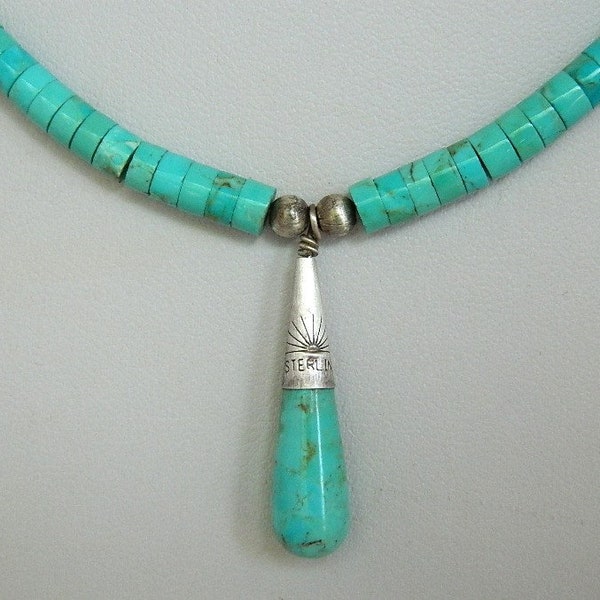 Native American Navajo Graduated Turquoise Heishi Sterling Silver Handmade Teardrop Pendant Necklace 17"