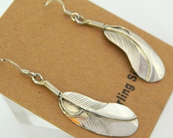 Native American Navajo Sterling Silver Handmade Feather Earrings 2"