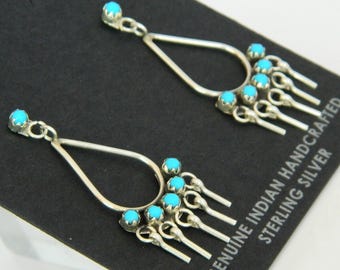 Native American Pawn Zuni Blue Turquoise Snake Eye Sterling Silver Handmade Post Earrings 1 5/8"