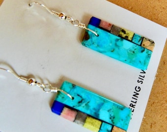 Native American Santo Domingo Turquoise Lapis Red Spiny Oyster Mosaic Sterling Silver Handmade Earrings - Mary Tafoya 2 "