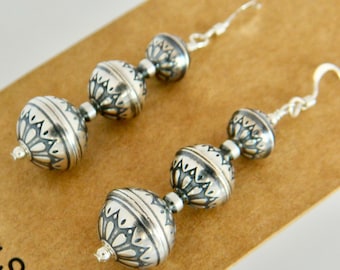 Native American Navajo Graduated Sterling Silver Hand Stamped Bead Vintage Earrings 2 1/8"