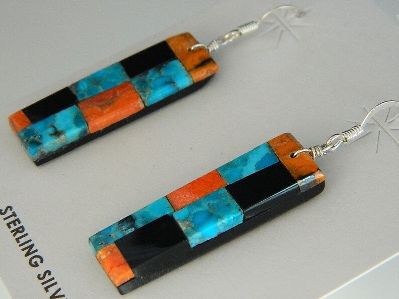 Lupita Calabaza 2 14 Native American Santo Domingo Blue Turquoise Apple Coral Mosaic Sterling Silver Earrings