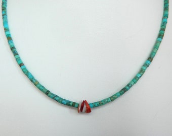 Native American Santo Domingo Blue Green Turquoise Heishi Red Spiny Oyster Red Coral Jacla Sterling Silver Necklace 17 3/4"  UNISEX