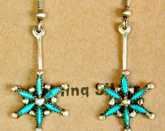 Native American Zuni Old Pawn Turquoise Needle Point Sterling Silver Handmade Earrings 1970s 2"