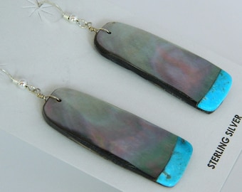 Native American Navajo Blue Turquoise Abalone Sterling Silver Handmade Earrings - Louise Pete 2 1/2"