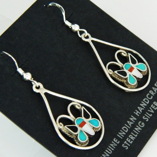 Native American Old Pawn Zuni Turquoise Coral Jet Inlay Sterling Silver Handmade Butterfly Earrings Signed Anselm & Rosita Wallace 1 3/4"
