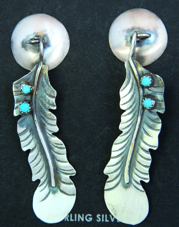 Detailed Feather Native American Navajo Turquoise Sterling Silver Earrings Detailed Feather Native American Navajo Turquoise Sterling Silver Earrings