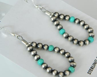 Pendientes de plata de ley con turquesa azul y perla navajo de nativos americanos, hechos a mano, de 5,4 cm