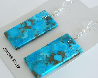 Native American Santo Domingo Kingman Turquoise Sterling Silver Handmade  Earrings Marcella Castillo d. 2 3/8"