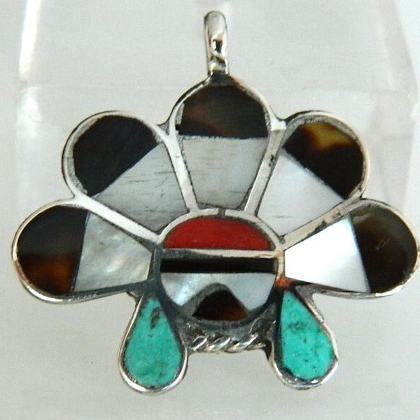 Native American Zuni Old Pawn Sterling Silver Turquoise Coral Jet Shell Handmade Sunface Pendant 1 1/8" SALE