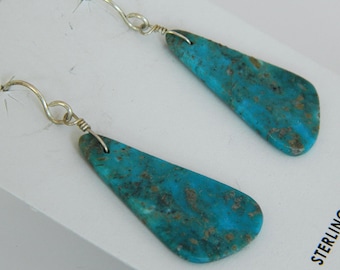 Native American Santo Domingo Kingman Turquoise Sterling Silver Handmade Teardrop Earrings Marcella Castillo d. 2"