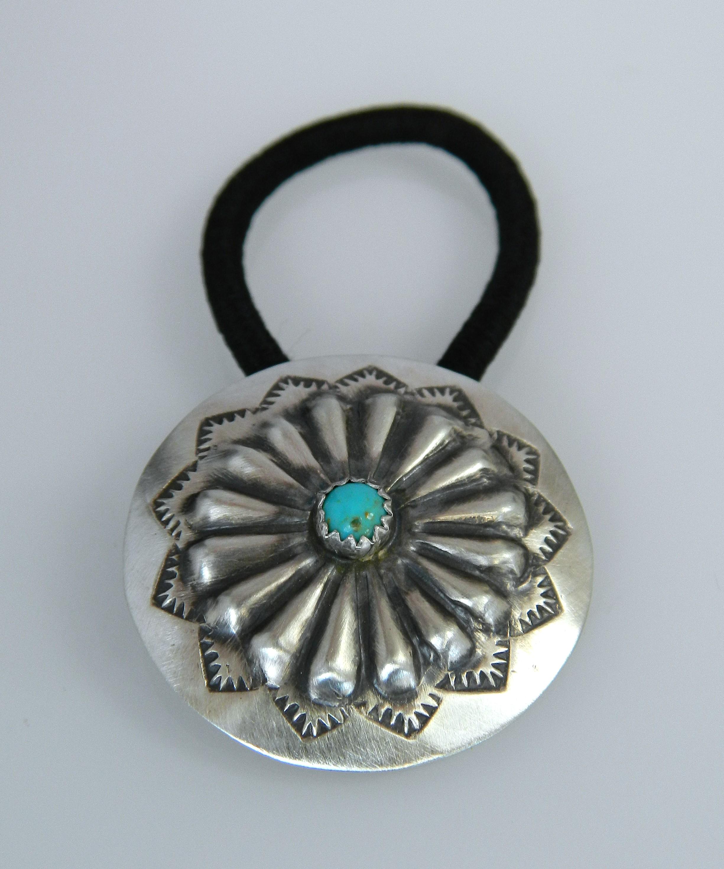 Native American Sterling Silver Concho Hair Tie with Turquoise Accent Native American Sterling Silver & Turquoise Concho Hair Tie  main image 3