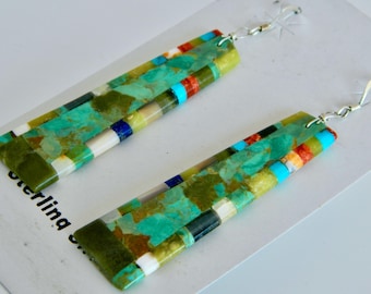 Native American Santo Domingo Turquoise Green Serpentine  Jet Sterling Silver Handmade Mosaic Earrings - James Crespin 3"