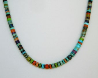 Native American Santo Domingo Turquoise Coral Jet Heishi Sterling Silver Handmade Necklace Ronald Chavez 19 5/8" Unisex