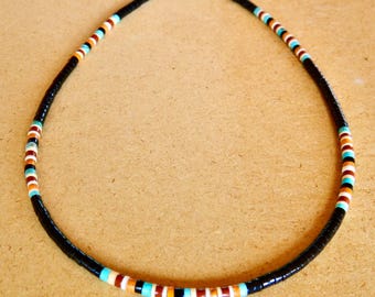 Native American Santo Domingo Turquoise Jet Pipestone Coral Heishi Handmade Necklace Dorene Calabaza 19 1/4" 4 mm