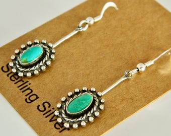 Native American Old Pawn Navajo Blue Green Turquoise Oval Sterling Silver Handmade Earrings  1 3/4"