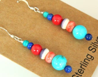 Pendientes nativos americanos de Santo Domingo, turquesa, lapislázuli y ostra espinosa de plata esterlina, hechos a mano, 2"