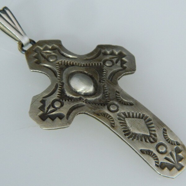 Native American Navajo Hand Stamped Sterling Silver Handmade Cross Pendant Signed Shami Billie 2 3/8"