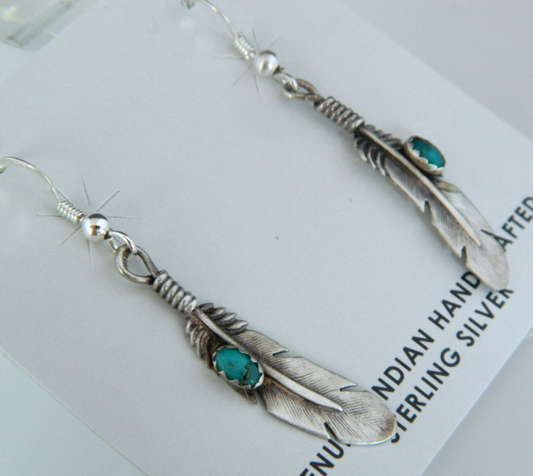 Native American Navajo Blue Green Turquoise Sterling Silver Feather