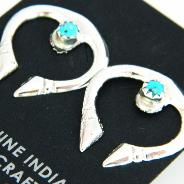 Native American Navajo Turquoise Sterling Silver Handmade Naja Post Earrings  7/8"