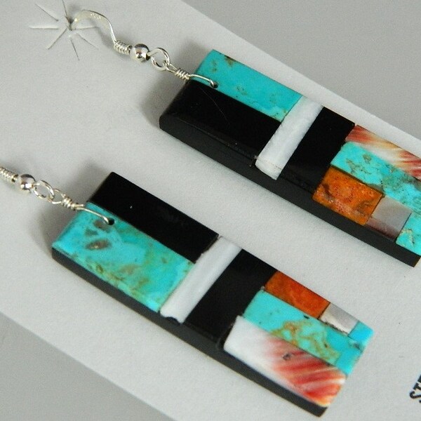 Santo Domingo Turquoise Jet Apple Coral Spiny Oyster Mosaic Sterling Silver Handmade Earrings Lupita Calabaza d.  2 1/2"