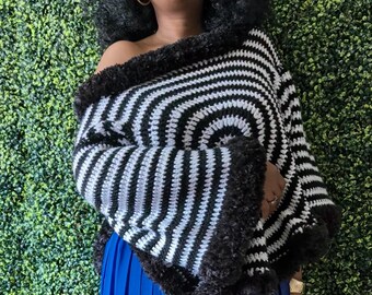 Black and white sweater Spiral crochet Faux Fur sweater long sleeves top handmade long sleeve top crochet top High fashion fall vibes