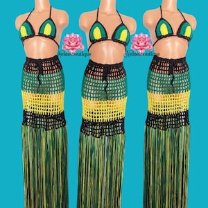 Jamaican Crochet Outfit, Fringe Rasta skirt,Rasta top,Rastafarian outfit,beach cover,dance skirt,Festival style bathing suit cover Swimsuit