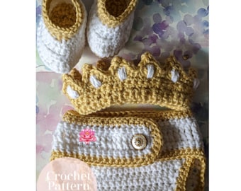 Modello all'uncinetto, modello di outfit per bambini all'uncinetto, modello di pannolini all'uncinetto, modello di stivaletti per bambini, modello di corona, modello di corona per bambini in file PDF, istruzioni