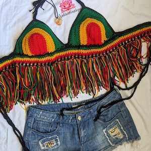 Rasta Fringe Bralette, Rasta crop top, crochet top, beach skirt, festival skirt, Jamaican festival, beach outfit, bohemian style,best friend