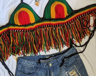 Rasta Fringe Bralette, Rasta crop top, crochet top, beach skirt, festival skirt, Jamaican festival, beach outfit, bohemian style,best friend