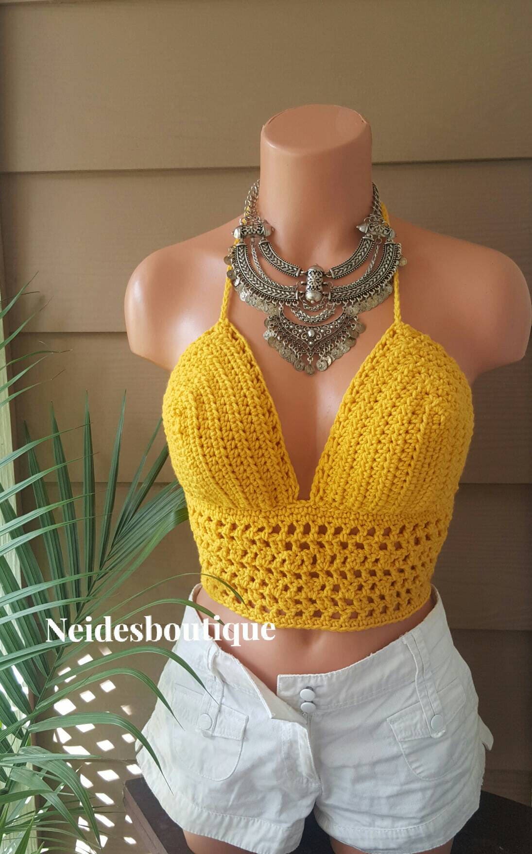 Crochet bralette yellow crop topbohocrochet halter Etsy